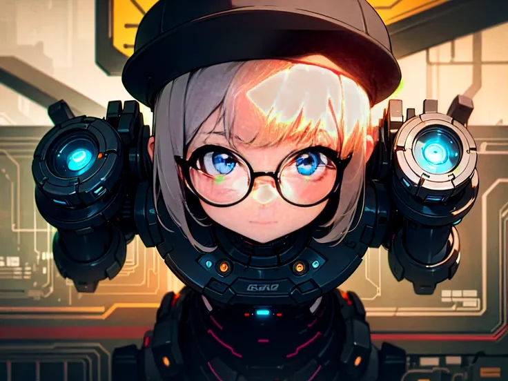 Cartoon-style AI baby,Exaggerated cute face,Non-realistic,Miniature graduation cap,Oversized round glasses,Playful naivety,Mechanical or digital body,Tech details,LED lights,Circuit patterns,detailed,Sci-fi vibe,Whimsical nature,Bright colors,Futuristic,Ch...