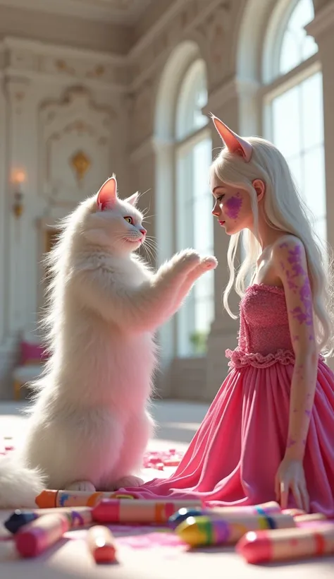 In cinematic 3D style, HD image, realistic image, colourful image.
Character, lina long white cat wearing pink long dress
Action,Inside a beautiful house, many lines have been drawn on a white deity using crayons. A long white cat is pointing towards it wi...