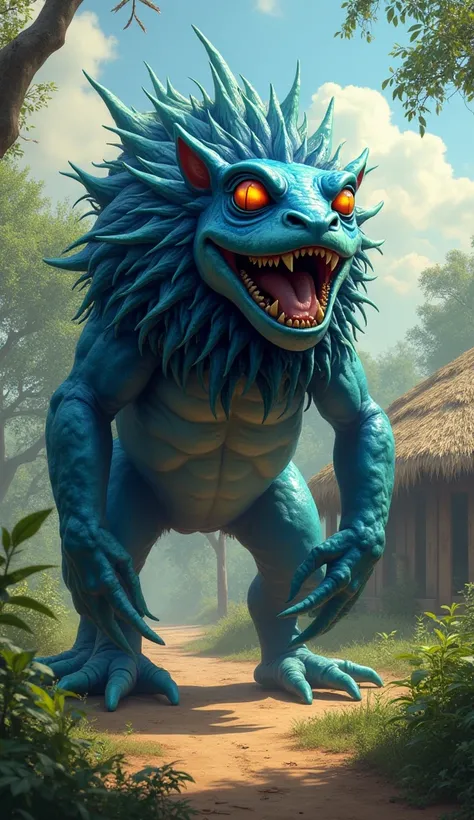 I want to see combination of giant poison blue dart frog and giant lion with sharp teeth in africa near hut that become mutant 