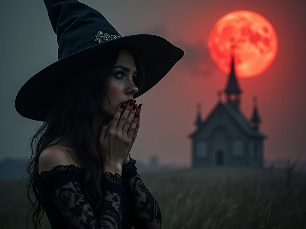 a beautiful and sensual witch wearing a black hat with her hands on her face crying desperately looking at a big red moon in a dark and dark environment. Some rays appear in the sky and there is smoke in a chilling and suspenseful environment with a dark G...