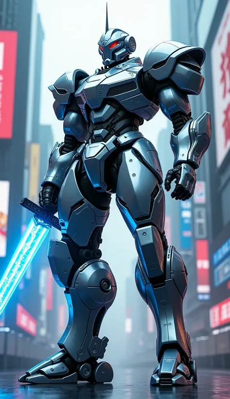 A massive warbot inspired by Raiden features silver and blue armored plating with sleek, futuristic detailing. It wields a glowing katana, with neon blue light emitting from the blade. The warbot stands in a high-tech urban environment, with digital billbo...