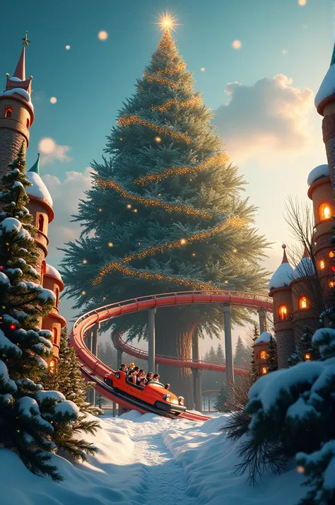 A roller coaster under the foot of a Christmas tree