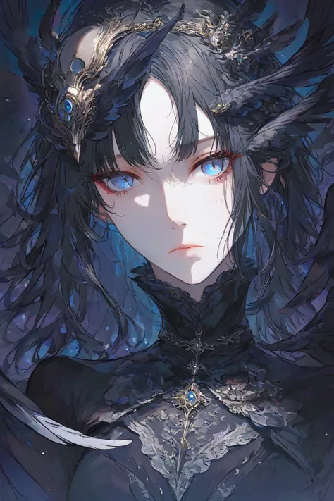 Illustration, highest quality, pixiv illustration, very detailed, animation, (((alone)) ((woman))), solo, detailed eyes and detailed face, black hair, blue eyes, black swan, long hair, black wings, flying soft black feather background, one black feather on...