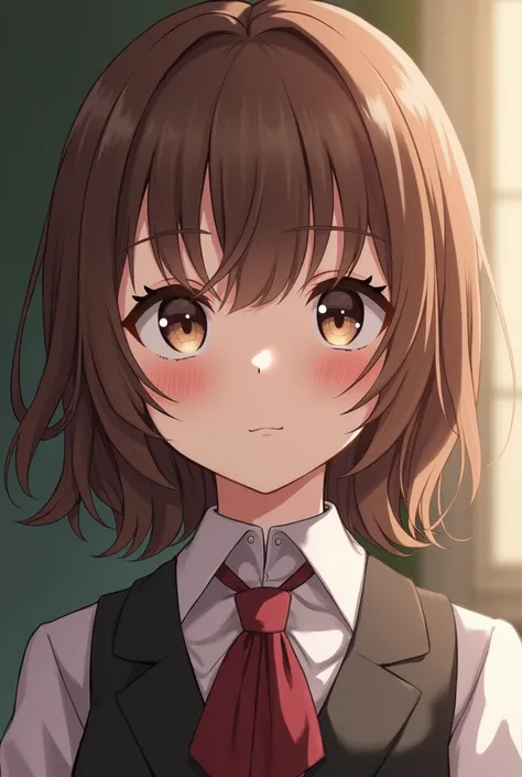 The character Ai is a 16-year-old girl with medium-length brown hair with curved ends and a tuft of hair over her eyes. She has brown eyes. She has calm and peaceful features and red cheeks wearing clothes from the Victorian era 