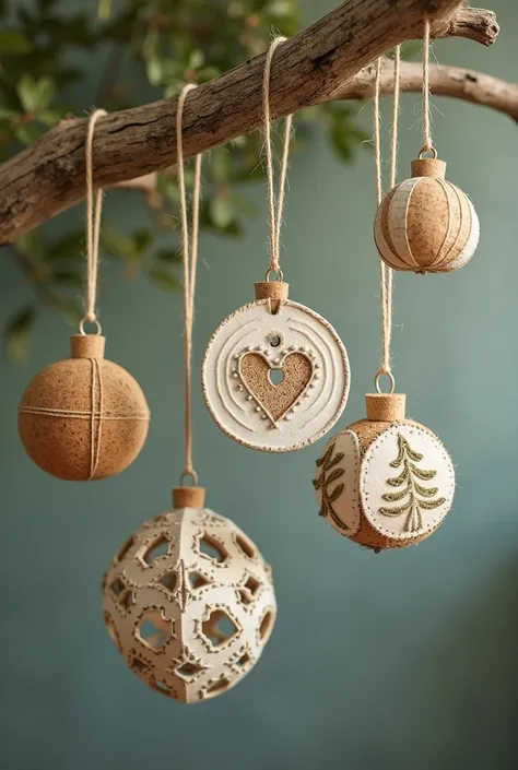 A set of DIY ornaments made from repurposed materials like cork, fabric scraps, or paper, hanging on a tree branch.