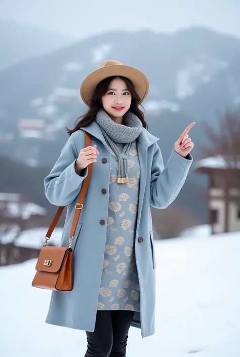 A beautiful Korean girl, wearing a Tam hat type, a thin smile facing the camera, a slightly fat proportional body, wearing a light gray blue frock coat type shirt with elegant embroidered batik, wearing black pants, wearing high shaft booties shoes, wearin...