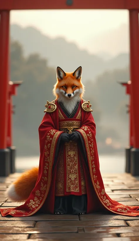 A graceful red fox anthropomorphized as the Emperor of Japan, dressed in traditional Heian-era imperial robes in shades of gold and deep crimson. The fox walks confidently toward the camera, framed by the iconic red torii gate of Itsukushima Shrine, with a...