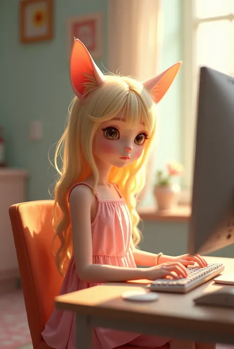 a girl in the form of a cat sits at a computer desk in a pink summer dress with blond hair, photorealistic graphics nude