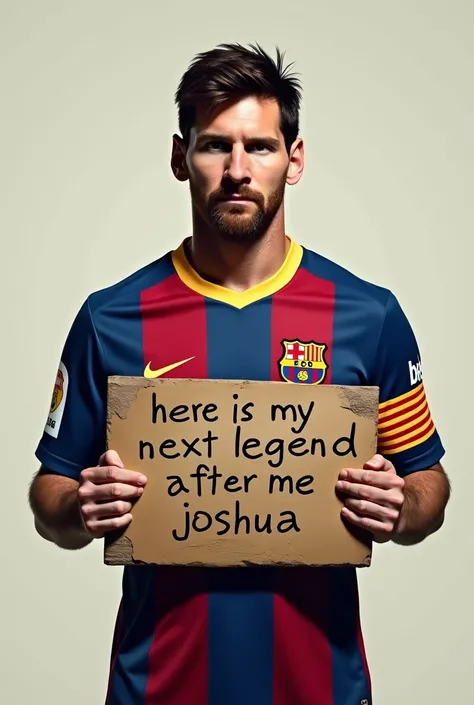 Messi carrying board written HERE IS MY NEXT LEGEND AFTER ME JOSHUA 