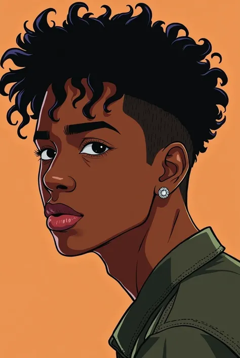 boondocks Inspired poster , of 19 year old guy brown skin boy with curly black and brown  hair , with full lips , visible Adams apple and  small studs diamonds earrings  , sharp  jawline , sharp eyes , little falter nose 