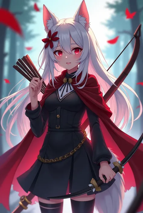 "Anime fantasy, a small wolf girl with red eyes ling hair and white tail and ear hair. She wears an elegant adventurer outfit in black and red, with her right hand holding a sword and her left hand holding a bow. Her expression is calm, cool, and collected...