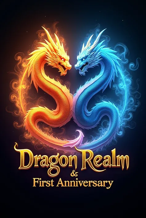 Here’s a detailed description for your AI-generated logo concept:

---

"A vibrant and dynamic logo celebrating the first anniversary of Dragon Realm. The centerpiece features two majestic dragons—one shimmering in rich gold and the other glowing in deep a...