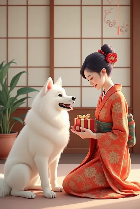 A pure white Samoyed dog receiving a New Years gift from a Japanese actress, a beautiful woman with light purple bob hair