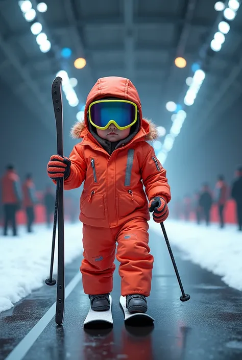 Create a picture of a baby on a runway . It is wearing a ski suit and holding skis 