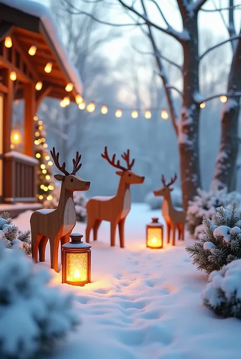 A snowy front yard with lanterns made from upcycled glass jars, biodegradable garlands, and wooden reindeer sculptures.

