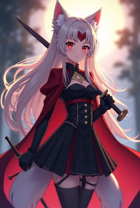 "Anime fantasy, a small wolf girl with red eyes ling hair and white tail and ear hair. She wears an elegant adventurer outfit in black and red, with her right hand holding a sword and her left hand holding a bow. Her expression is calm, cool, and collected...