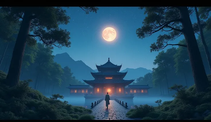  shaolin temple in the middle of the forest are visible from a distance, The clear night sky looks filled with millions of stars and the moon glows softly