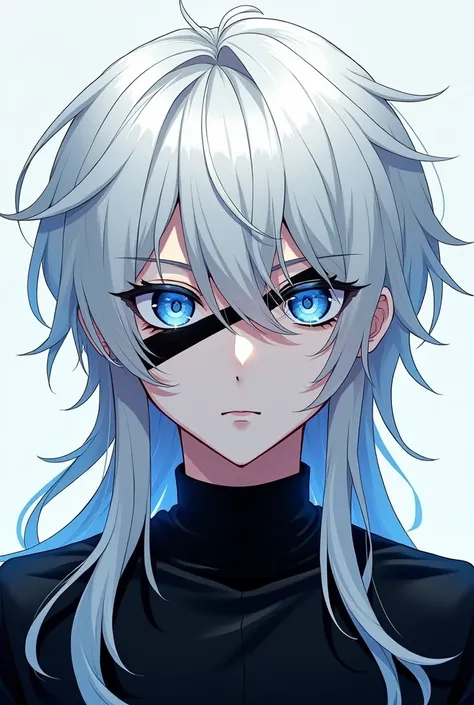 Handsome boy in black shirt  white hairs 
Black colour band on eyes  long hairs anime look blue shining eyes 