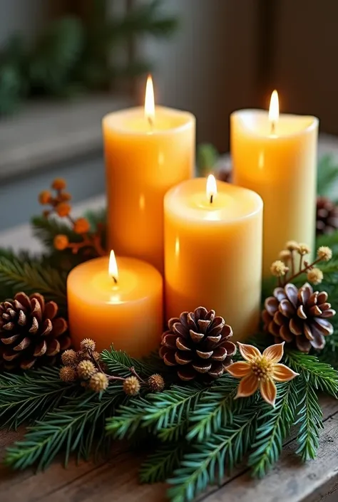 A centerpiece of beeswax candles surrounded by fresh pine branches, dried flowers, and pinecones on a reclaimed wooden table.






