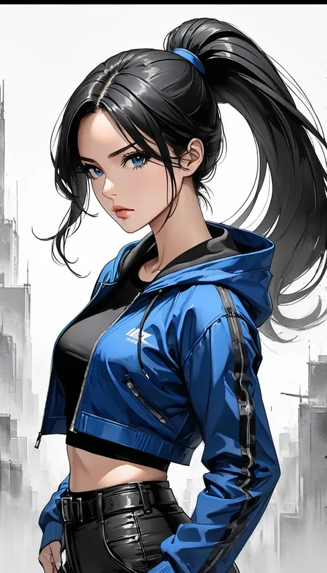 Neo-noir futuristic art style, waist up shot, A semi-realistic anime-style mature woman with long, sleek black hair styled in a high ponytail. Aged 21. She has a sharp, warm tan, symmetrical face with a defined jawline, highlighting her serious and determi...