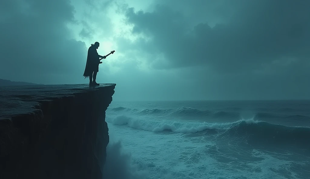 . Surreal and Atmospheric
A lone Rock singer with a guitar standing on a cliff edge, overlooking a vast, swirling ocean under a dramatic, overcast sky. The figures silhouette is illuminated, giving it a mystical feel.
2. Abstract and Symbolic
A cracked and...