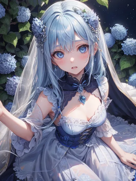 art by Cornflower,( Masterpiece ),( top quality :1.2),( Perfect Anatomy), 1 girl, Beautiful Detailed Blue Eyes , elaborate detail , bright colors , Soft Tone,  with warm and gentle lighting,( blue cape let fashion  ),(Beautiful silky blue hair:1.2)，like a ...