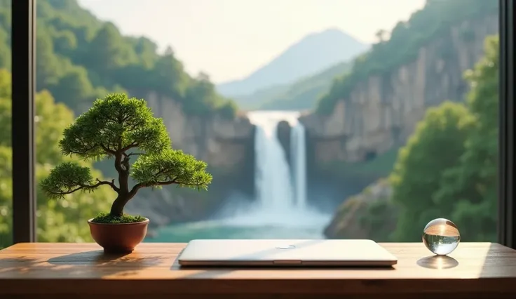 "A minimalist workspace with a wooden desk surrounded by soft natural light. On the table, a small bonsai tree, a clear crystal orb, and an elegant laptop are arranged harmoniously. The background shows a serene mountain landscape with flowing waterfalls, ...