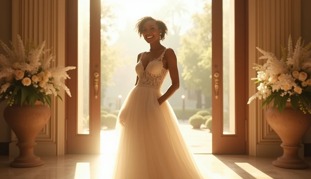 A beautiful black woman looking very happy in her weeding dress, at the day of her marriage, going in hotel door way in the morning, morning sun rays passing through hotel windows