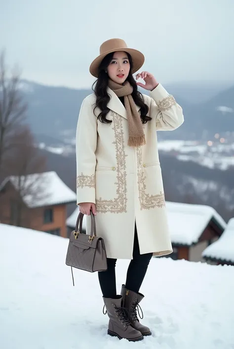 A beautiful Korean girl, wearing a Tam hat type, a thin smile facing the camera, a slightly fat proportional body, wearing a light white cream  frock coat type shirt with elegant embroidered batik, wearing black pants, wearing high shaft booties shoes, wea...