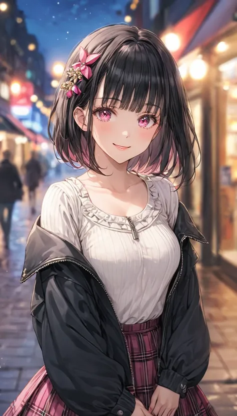  One Girl , blunt bangs , black  ruffled skirt, white frilled shirt , Blurred, Blurred background, Chest,  dark pink eyes, black Hair, short hair, hair accessory, Shut up, Day included, day,  Border Depth ,  eyelash ,  tilting your head ,  jacket, gem,  Lo...