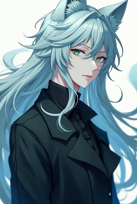 man, Wolf boy anime,  long light blue and white hair , mint green eyes ,   white skin  .  black coat , expression would be, man,  male . wolf tail and ears