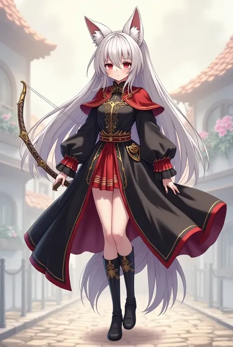 "Anime fantasy, a small wolf girl with red eyes long hair and white tail and ear hair. She wears an elegant adventurer outfit in black and red, with her right hand holding a sword and her left hand holding a bow. Her expression is calm, cool, and collected...