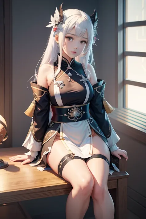 anime girl sitting on a chair with a bird in her hand, from girls frontline, from arknights, from the azur lane videogame, onmyoji detailed art, best anime 4k konachan wallpaper, azur lane style, white haired deity, onmyoji, full body xianxia, ((a beautifu...