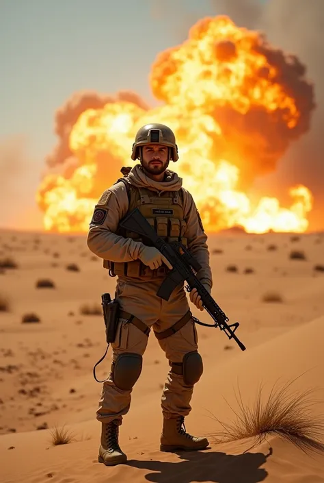 a solder with an AR-15 in the desert, explosion behind him, 8k photo, shot on RED cinema camera, stunning surreal effect