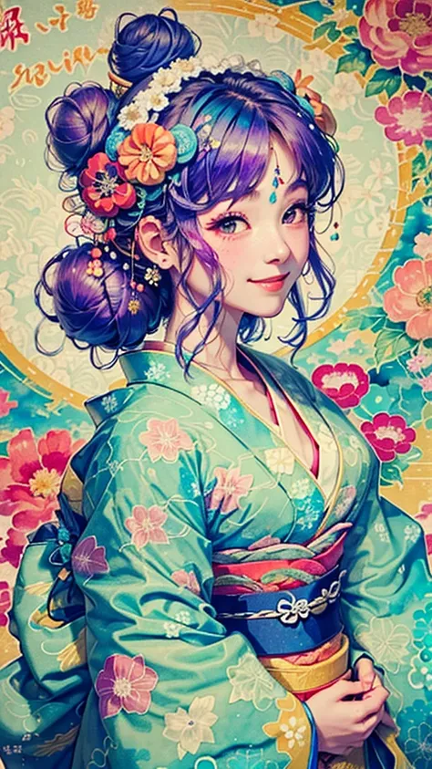 8k,  top quality ,  high definition , Beautiful girl 1 25 years old,  flower buns,smile, ( Traditional Japanese Kimono:1.3)、High-end kimono、No wrinkles at all,Watercolor, ( flower hair ornament with bun head :1.3)