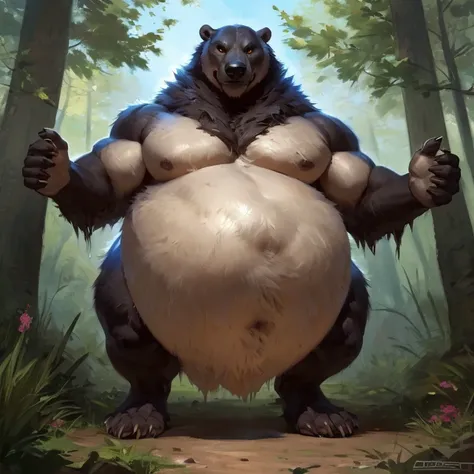 An unusually big anthropoid, its has a enormous and round belly that is dominant; male, fat grizzly bear, anthropoid, grizzly bear:1.6, (dark and thick grey and wet fur:1.8, thick furred body, fluffy fur, thick fur, wet fur, naked), big fluffy furred balls...