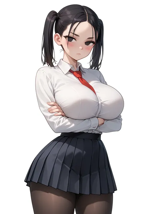 cute girl, (short), (solo), black micro pleated skirt, pantyhose, white collared shirt, long red tie, tie between breasts, taut clothes, tight clothes, wide hips, contrapposto, big ass, narrow waist, thick thighs, cute massive huge breasts, perky breasts, ...