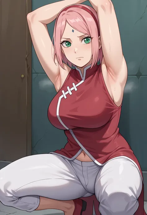 score_9, score_8_up, score_7_up,,nsfw, 1girl, Haruno Sakura, pink hair, short hair, green eyes, forehead mark, hairband,
red sleeveless dress, navel, large breasts, white pants,In a dim alley  ,Armpit,Armpit wrinkles,Armpit smell,Armpit juice,arms up,stret...