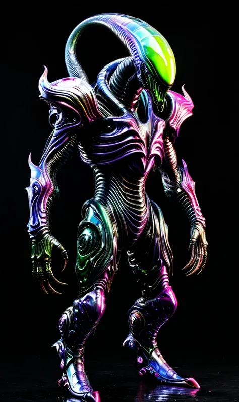 grotesque character,evil, slimy and creepy, biomechanical armor, in the style of g1h3r, full body shot, ultra real photograph, black background