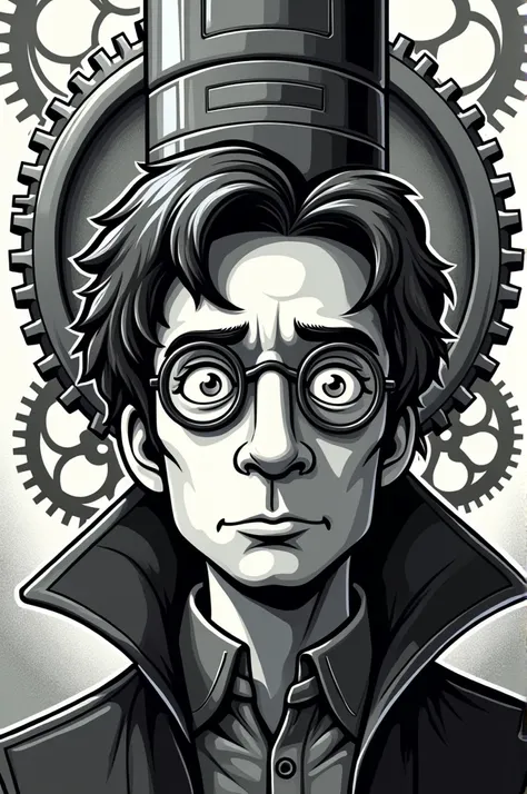 Vector graphic , black-and-white,  steampunk,  male head , bart, cylinder,  gears in the background, Glasses