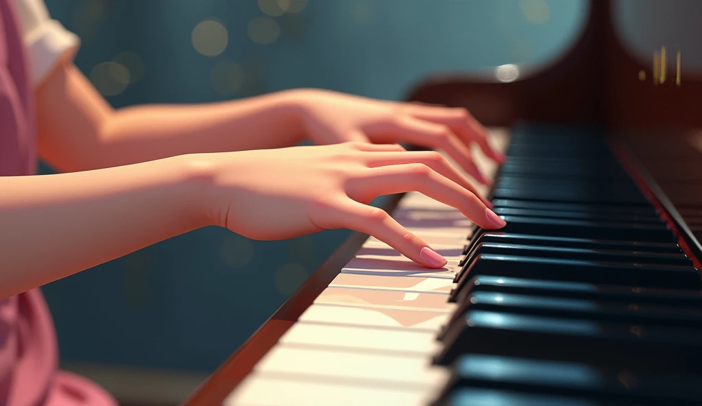 Imagery, piano keys and young girls hands playing the piano. The back of the keys is a mirror, with full mirror reflections image of hands. Must display correct keyboard. avoid abnormal finger. Ghibli fussion Disney style