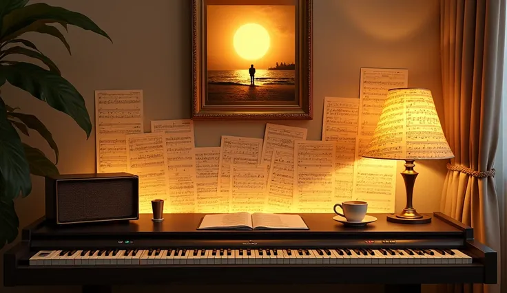 "An artistic workspace featuring a sleek grand piano keyboard on the desk, surrounded by flowing sheet music and glowing abstract visuals of music notes. On the wall, there’s a golden framed photo of a rising sun, symbolizing endless inspiration. A vintage...