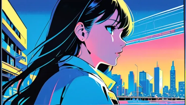 (masterpiece,  top quality :1.1), 90s Record Jacket Art,City pop girl profile,Street by the Sea ,  CMYK palette inspired by Hiroshi Nagai , illustrated by Hisashi Eguchi ,(Blue outline),