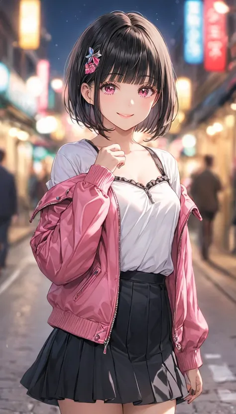  One Girl , blunt bangs , black  ruffled skirt, white frilled shirt , Blurred, Blurred background, Chest,  dark pink eyes, black Hair, short hair, hair accessory, Shut up, Day included, day,  Border Depth ,  eyelash ,  tilting your head ,  jacket, gem,  Lo...