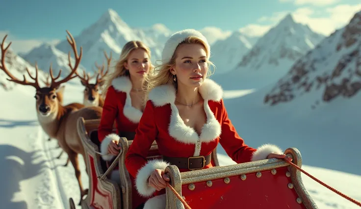 2 realistic girls with a retro hairstyle with large open breasts in an unbuttoned fur coat in a New Years retro costume are flying through the air in a Santa Claus sleigh filled with realistic deer. snowy mountains in the background.