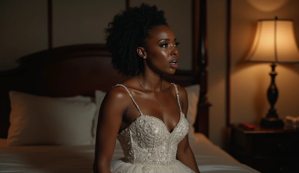 A real picture of beautiful black woman, wearing a beautiful weeding dress, looking very highly surprised, after watching his boyfriend cheating her with her mother 