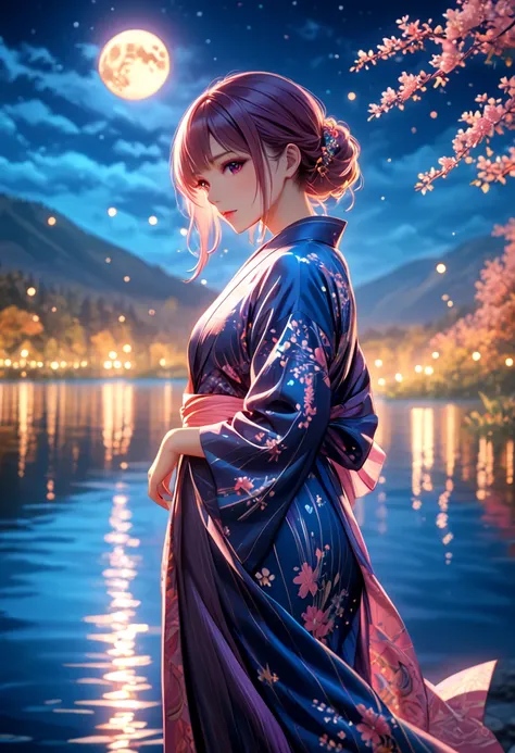  girl , Dressed in Yukata , lake, lights, bright colors, moon, Night,  high quality,  masterpiece fails,  intricate details,