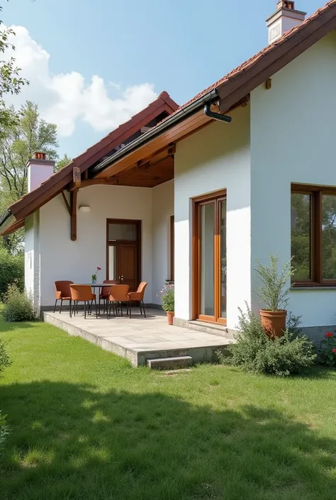  Walled house of white color,  precarious roof of brown color ,  ceiling of brown color ,  door of the house model glass , there is a glass window ,  Next to the house there is a lawn garden , there is a flower pot ,  on the terrace there are chairs and ta...