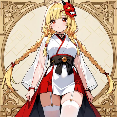 Draw a female martial artist wearing an elegant kimono with stockings, transparent sleeves and an oni mask Blonde Hair, Low Twin Braids, skin color, green