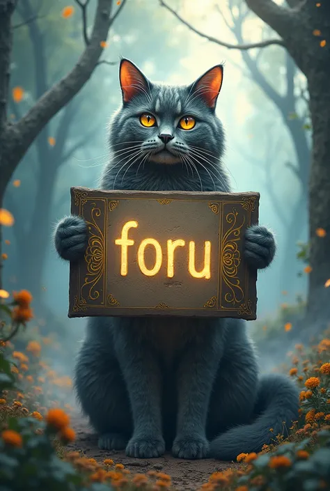 Fantasy cat holding a placard that says foru